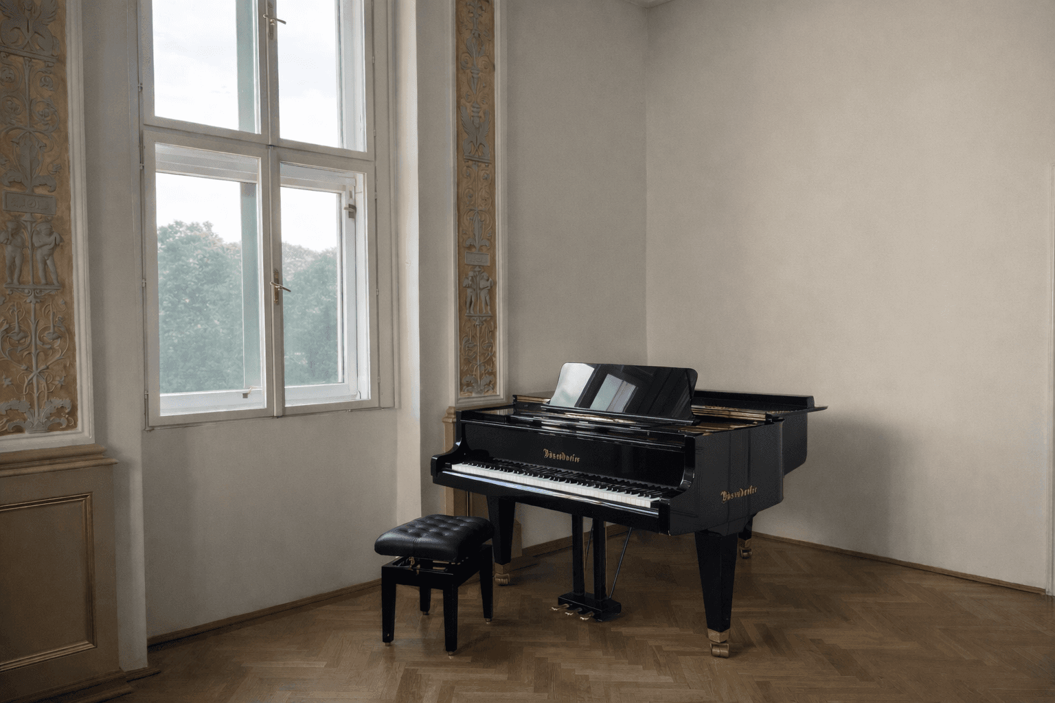 Concert piano by a window in natural light
