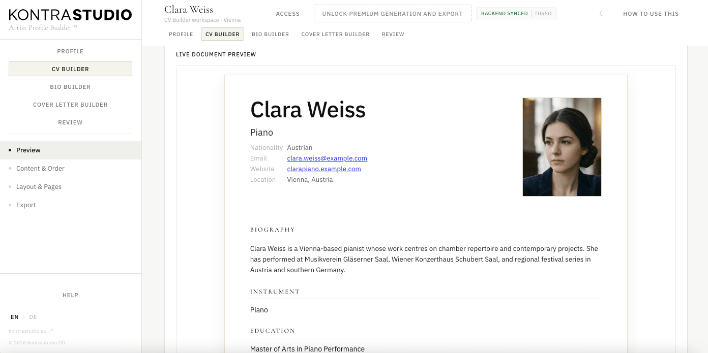 Kontrastudio Artist Profile Builder interface with live CV document preview